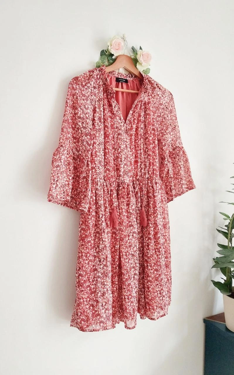 Old pink floral print dress with gold trim Yessica Size 38 – photo 3